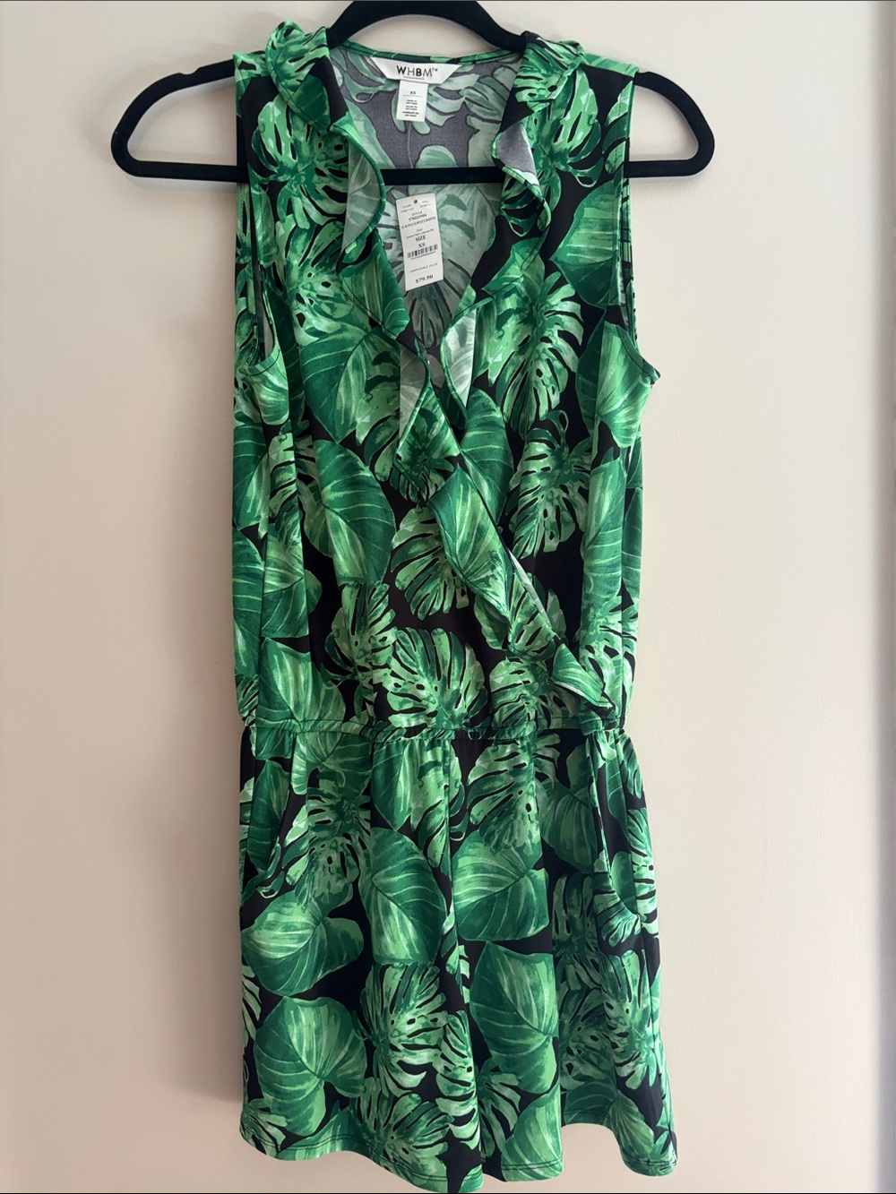 White House Black Market Black & Green Tropical Leaf Sleeveless Wrap Tunic